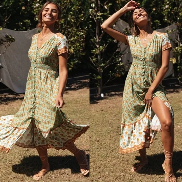 LAST 1! #56 Floral Long Button V Neck Short Sleeve Maxi Flowy Bohemian Dress - Picture 2 of 5